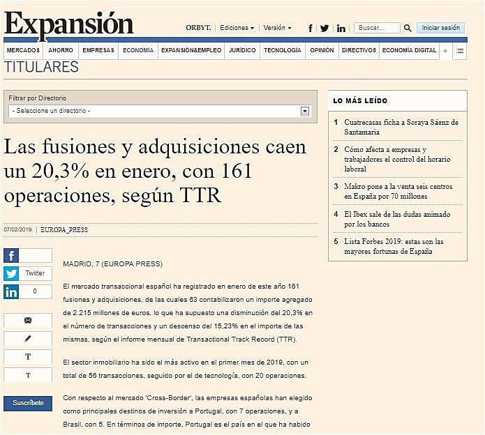 Las fusiones y adquisiciones caen un 20,3% en enero, con 161 operaciones, segn TTR